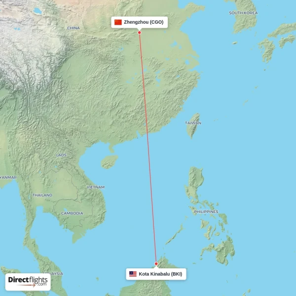 Kota Kinabalu - Zhengzhou direct flight map