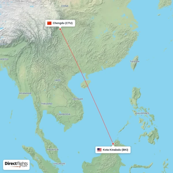 Kota Kinabalu - Chengdu direct flight map