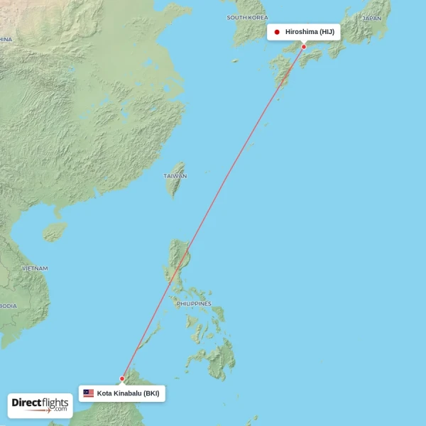Kota Kinabalu - Hiroshima direct flight map