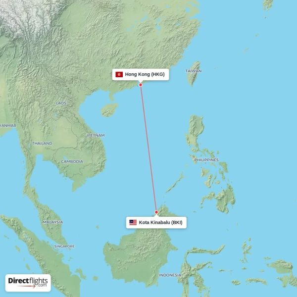 Kota Kinabalu - Hong Kong direct flight map