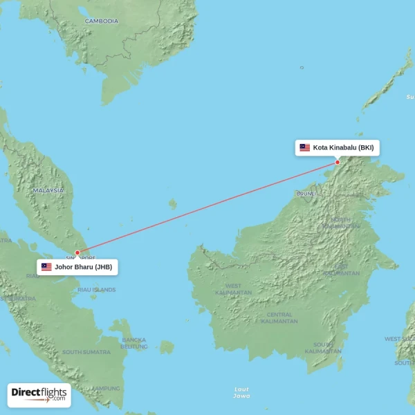 Kota Kinabalu - Johor Bharu direct flight map