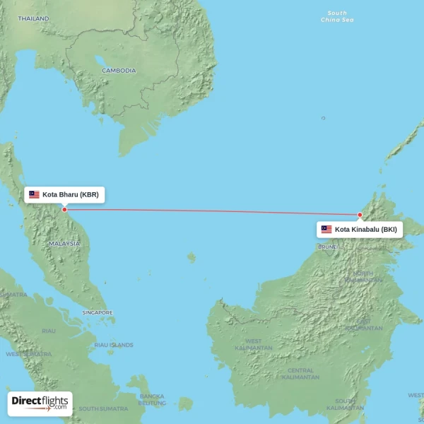 Kota Kinabalu - Kota Bharu direct flight map