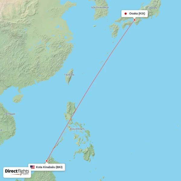 Kota Kinabalu - Osaka direct flight map