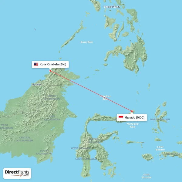 Kota Kinabalu - Manado direct flight map