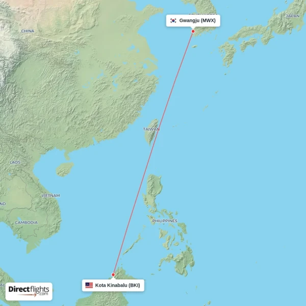 Kota Kinabalu - Gwangju direct flight map