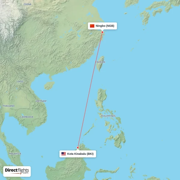 Kota Kinabalu - Ningbo direct flight map