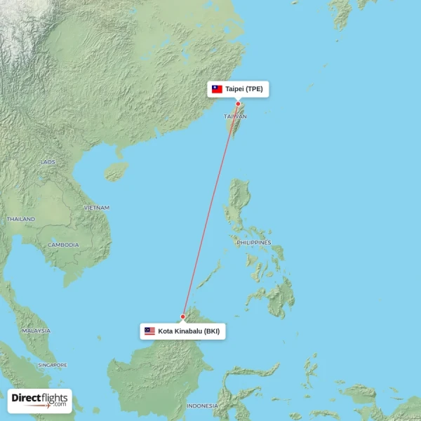 Kota Kinabalu - Taipei direct flight map