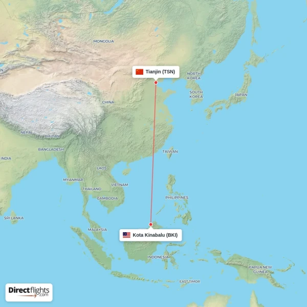 Kota Kinabalu - Tianjin direct flight map