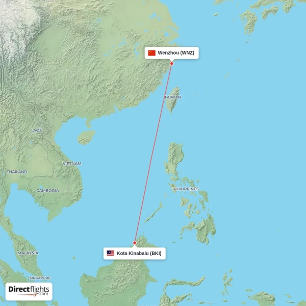 Kota Kinabalu - Wenzhou direct flight map