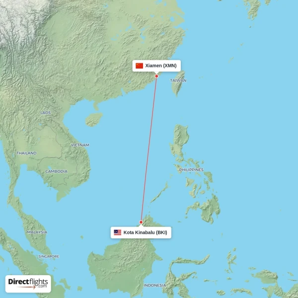 Kota Kinabalu - Xiamen direct flight map