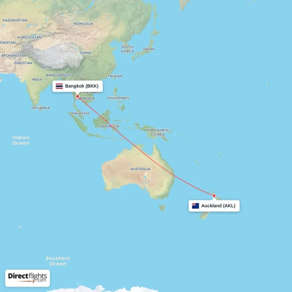 Bangkok - Auckland direct flight map