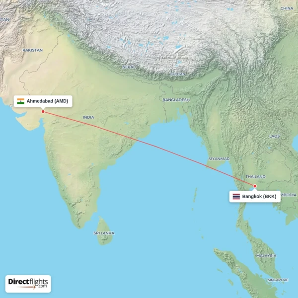 Bangkok - Ahmedabad direct flight map