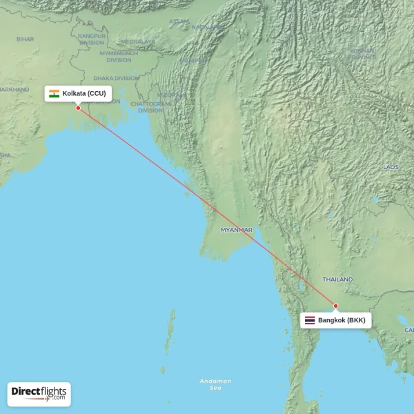 Bangkok - Kolkata direct flight map