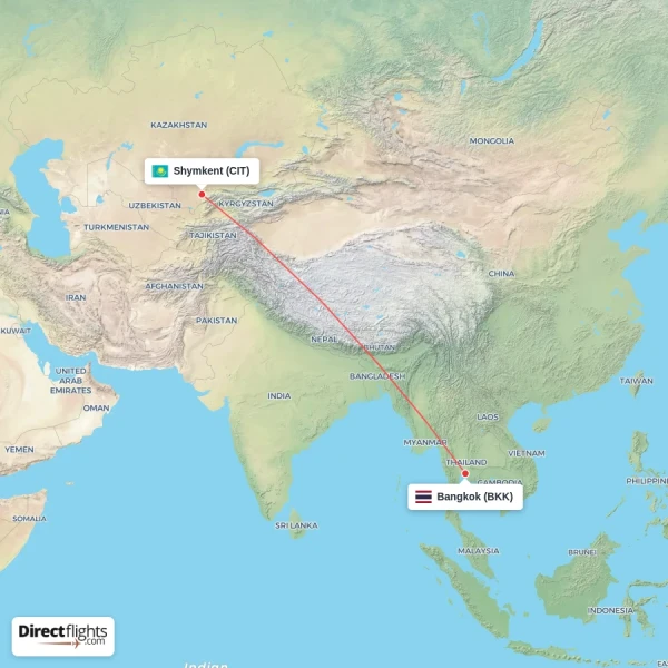 Bangkok - Shymkent direct flight map