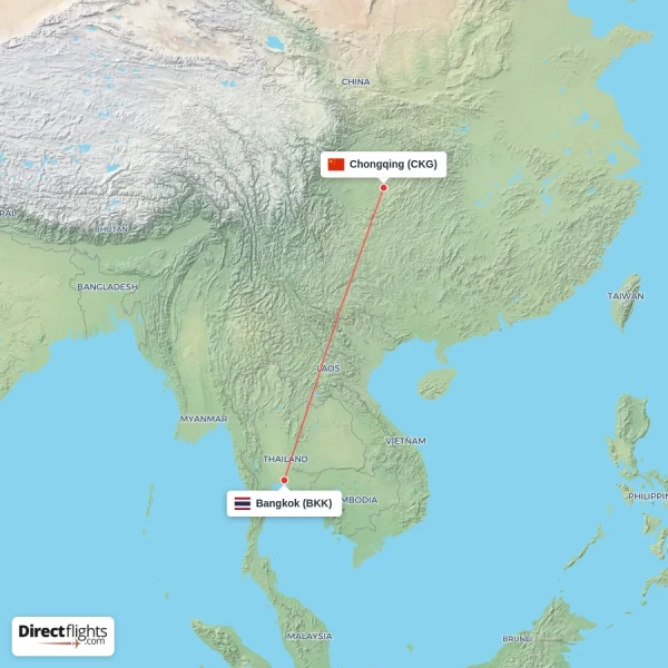 Bangkok - Chongqing direct flight map