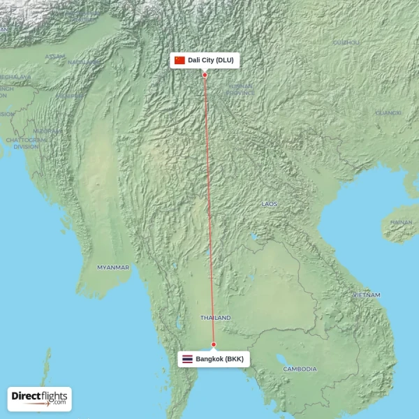 Bangkok - Dali City direct flight map