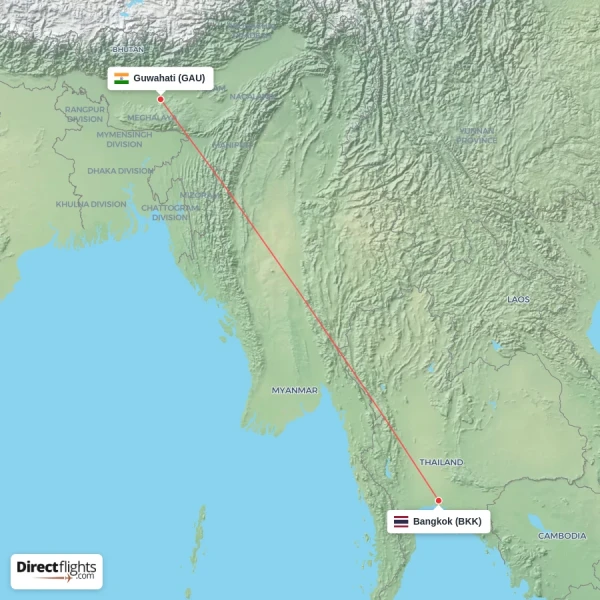 Bangkok - Guwahati direct flight map