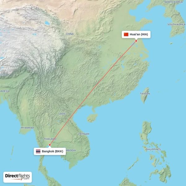 Bangkok - Huai'an direct flight map
