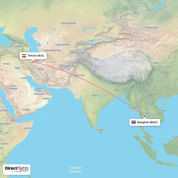 Bangkok - Tehran direct flight map