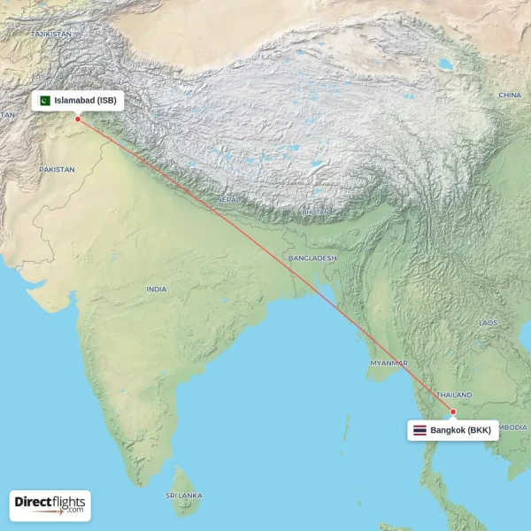 Bangkok - Islamabad direct flight map