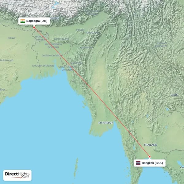 Bangkok - Bagdogra direct flight map
