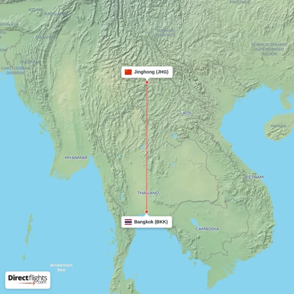 Bangkok - Jinghong direct flight map