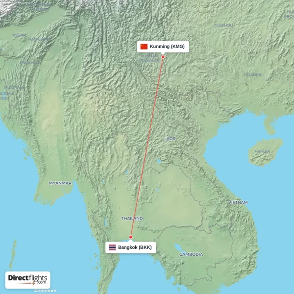 Bangkok - Kunming direct flight map