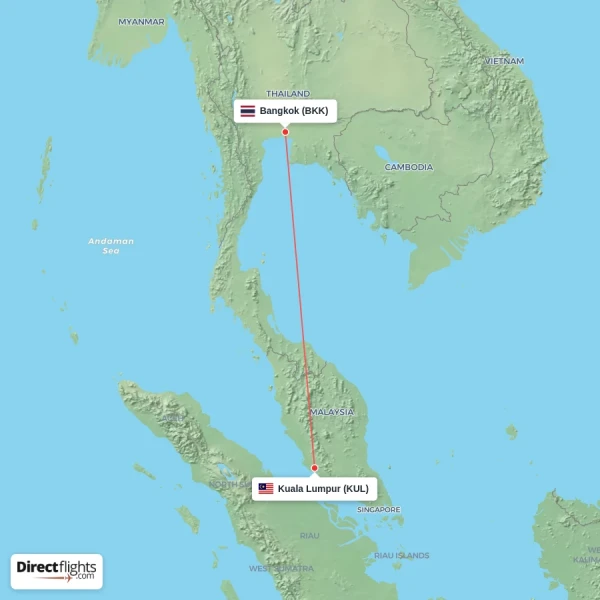 Bangkok - Kuala Lumpur direct flight map