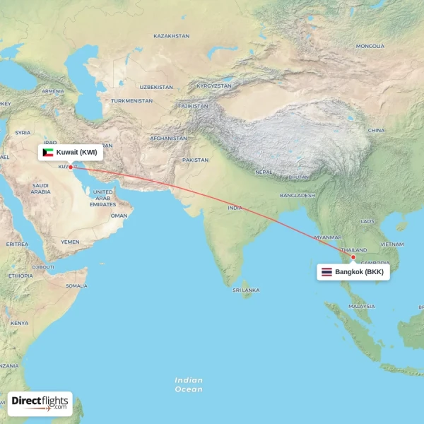 Bangkok - Kuwait direct flight map