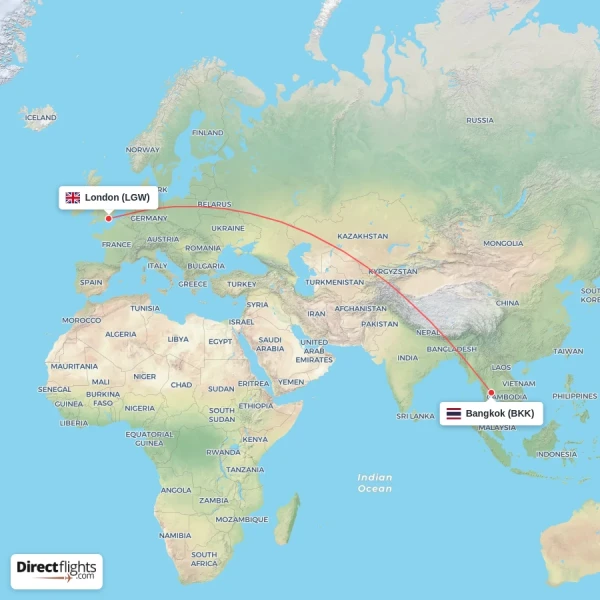 Bangkok - London direct flight map