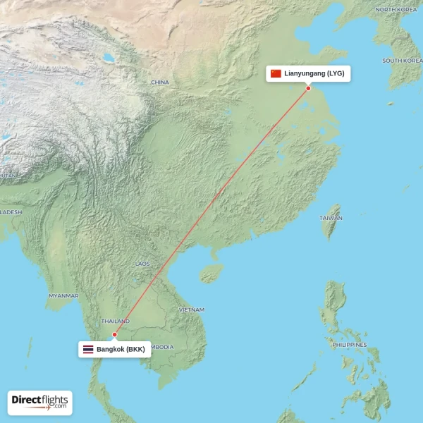 Bangkok - Lianyungang direct flight map