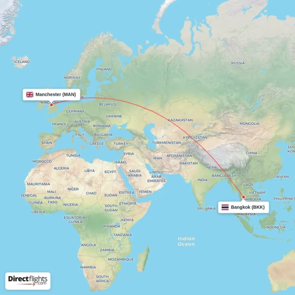 Bangkok - Manchester direct flight map