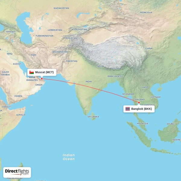 Bangkok - Muscat direct flight map