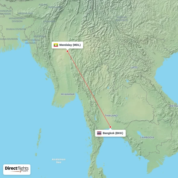 Bangkok - Mandalay direct flight map