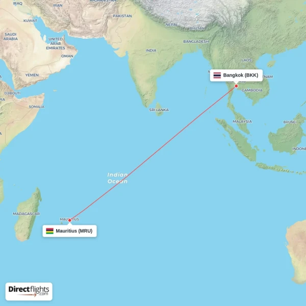 Bangkok - Mauritius direct flight map