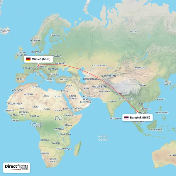 Bangkok - Munich direct flight map