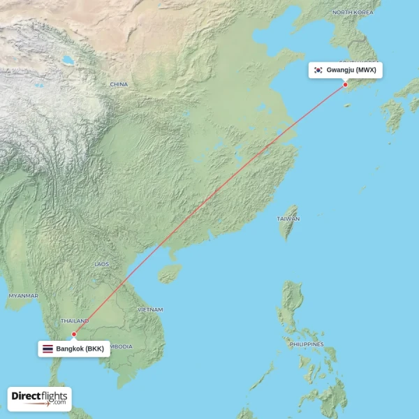 Bangkok - Gwangju direct flight map