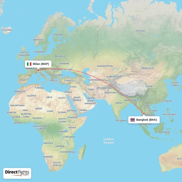 Bangkok - Milan direct flight map