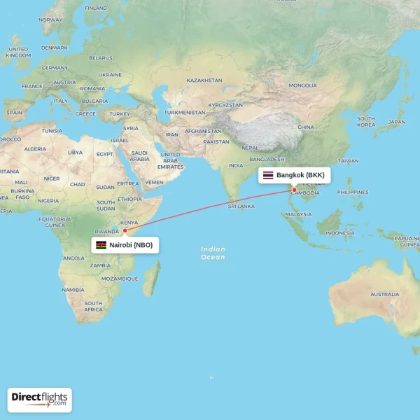 Bangkok - Nairobi direct flight map
