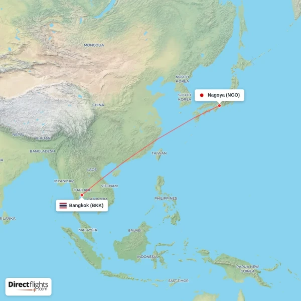Bangkok - Nagoya direct flight map