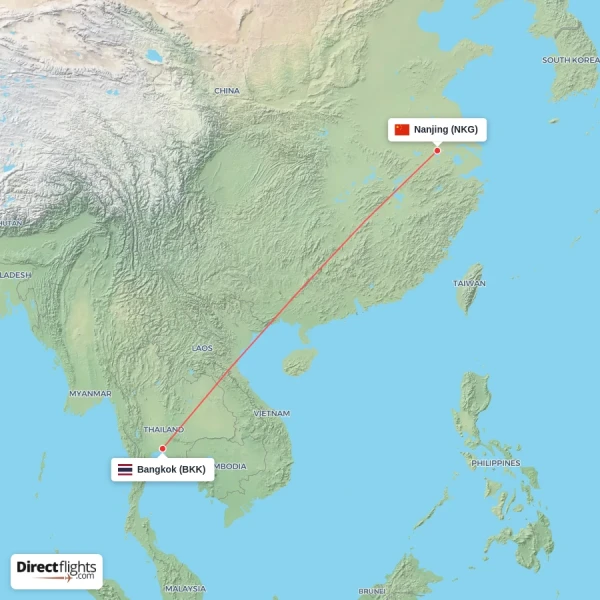 Bangkok - Nanjing direct flight map