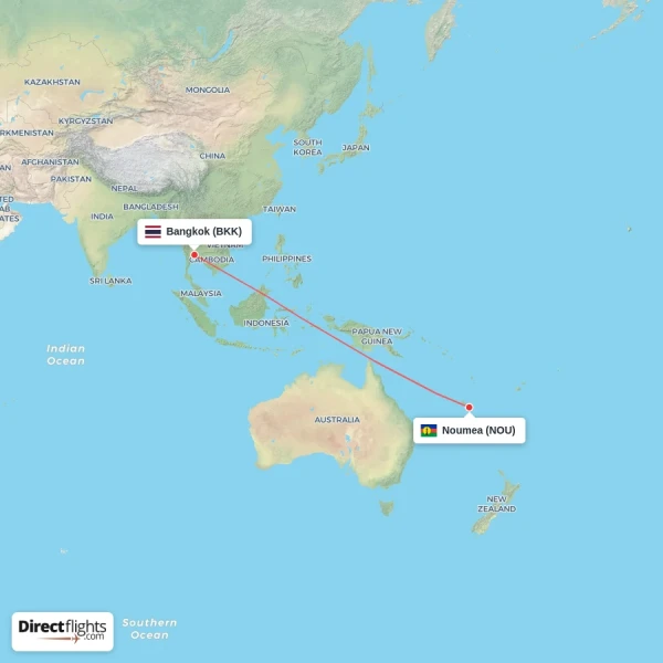 Bangkok - Noumea direct flight map