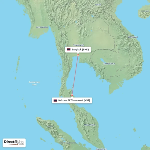 Bangkok - Nakhon Si Thammarat direct flight map