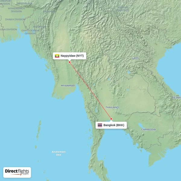 Bangkok - Naypyidaw direct flight map