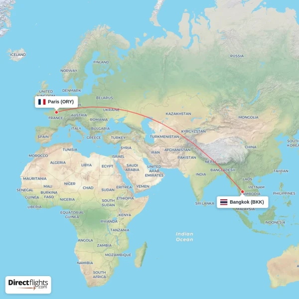Bangkok - Paris direct flight map