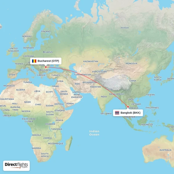 Bangkok - Bucharest direct flight map