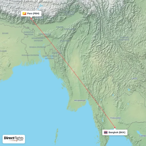 Bangkok - Paro direct flight map