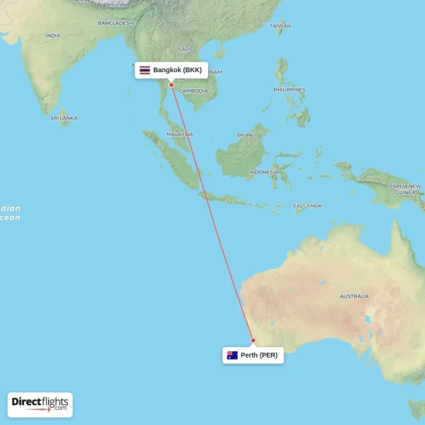 Bangkok - Perth direct flight map
