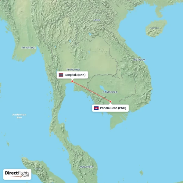 Bangkok - Phnom Penh direct flight map