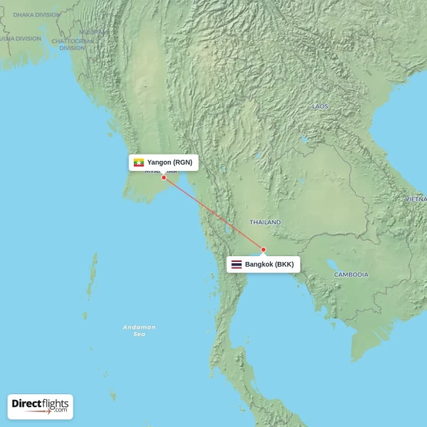 Bangkok - Yangon direct flight map